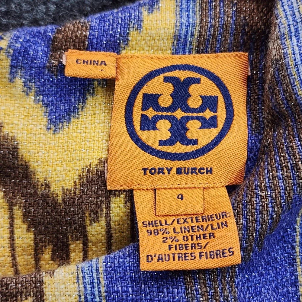 Tory Burch Sleeveless Linen Ikat Shift Dress Boho Coastal Designer Lined Size 4